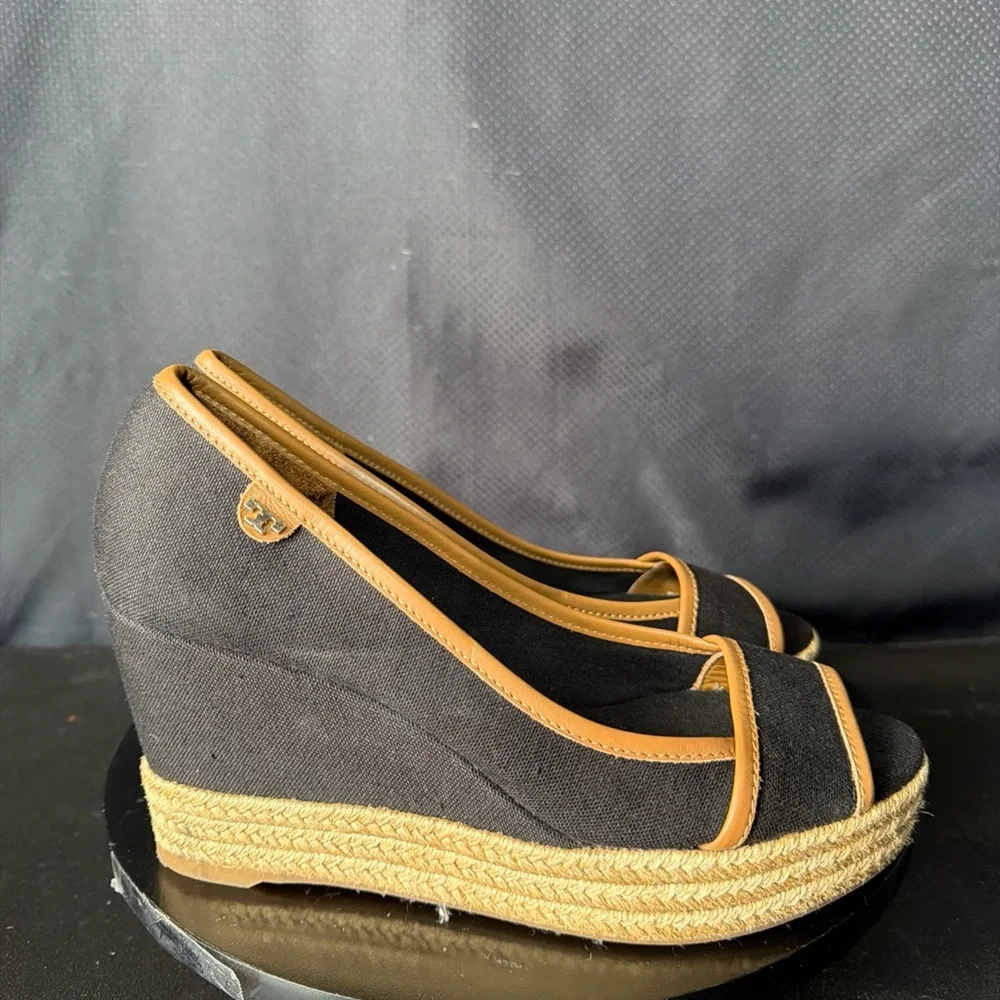 Tory Burch Majorca Peep-Toe Black Canvas Wedge - Sze 38/US 7.5